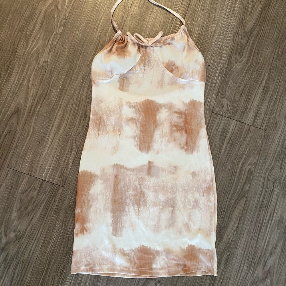Brown, tan and white halter mini dress